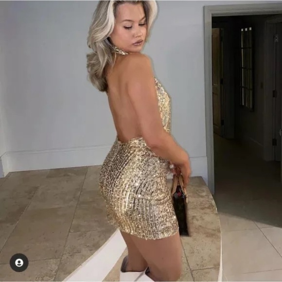 Zara Gold Sequin Halter Mini Dress - Picture 7 of 16